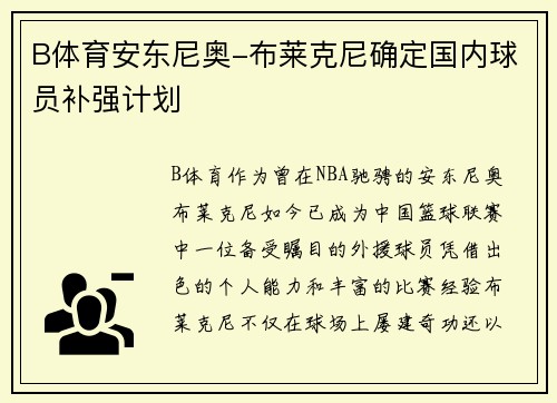 B体育安东尼奥-布莱克尼确定国内球员补强计划