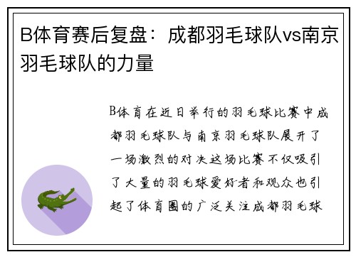 B体育赛后复盘：成都羽毛球队vs南京羽毛球队的力量