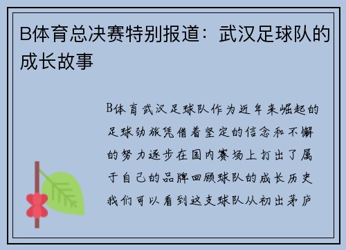 B体育总决赛特别报道：武汉足球队的成长故事