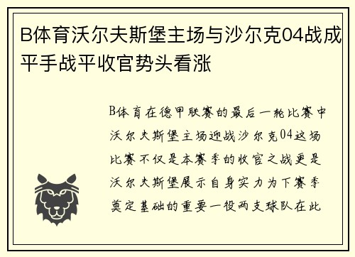 B体育沃尔夫斯堡主场与沙尔克04战成平手战平收官势头看涨